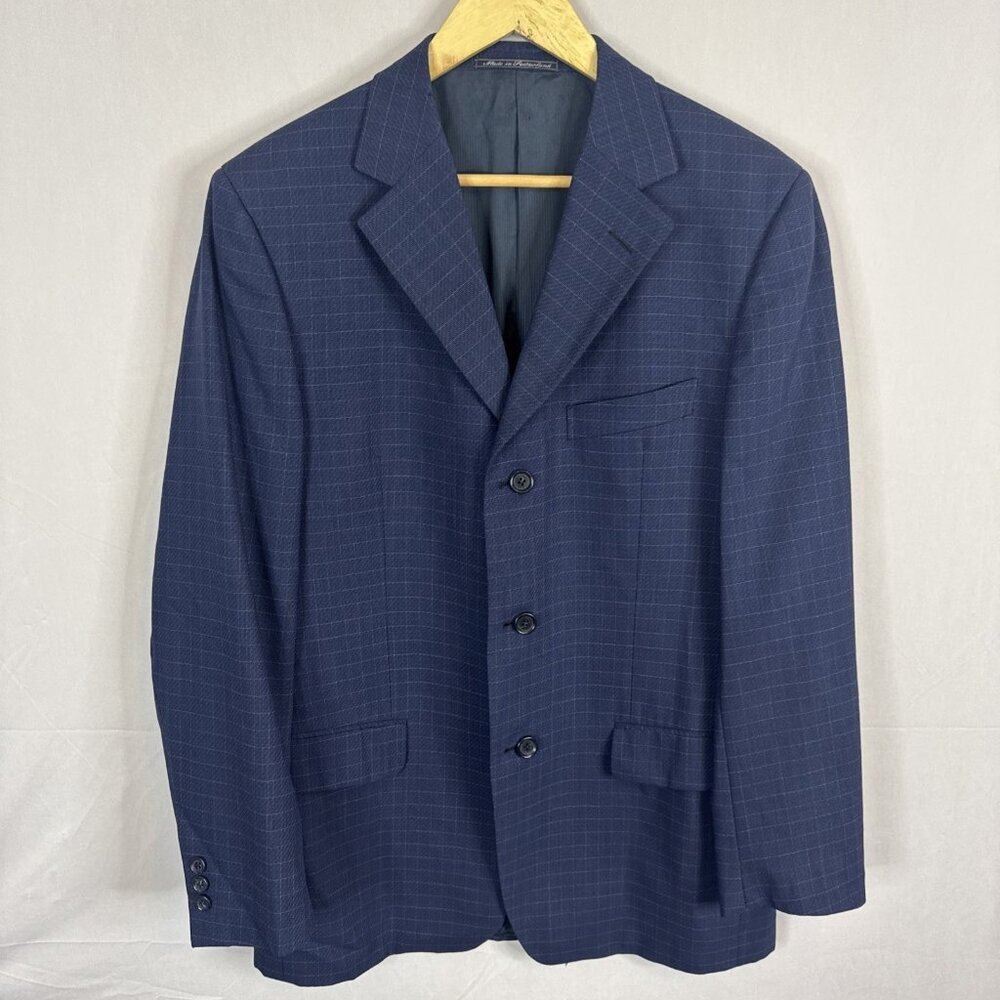 Ermenegildo Zegna Soft Men 40 navy slate-blue windowpane wool blazer Switzerland